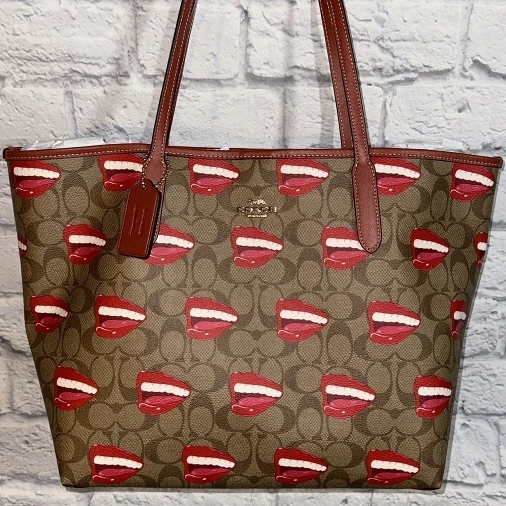 Coach Tom Wesselmann City Tote Bag Signature Canvas Smile Mouth Lips Teeth Print